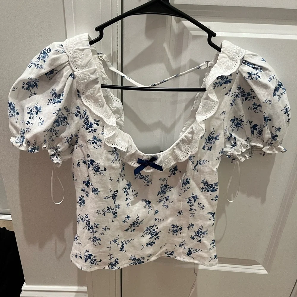 NWT REFORMATION Alice Romantic Floral-Print Puff-Sleeve Linen Blouse Orlaya 4